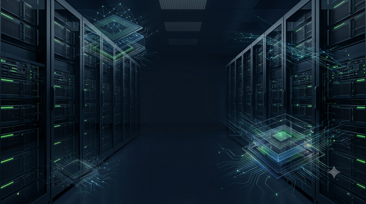 Abstract AI data center with advanced computing racks, processors, and blue-green data flows representing NVIDIA’s accelerated-computing platform.
