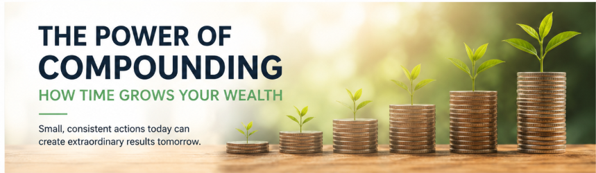 Stacks of coins with increasingly large plants illustrate how compound returns can grow wealth over time.