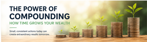 Stacks of coins with increasingly large plants illustrate how compound returns can grow wealth over time.